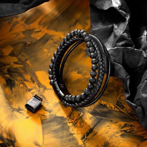 Vista 4 de Speroto - Pulsera para hombre de cuero trenzado con cuentas de lava y ónix