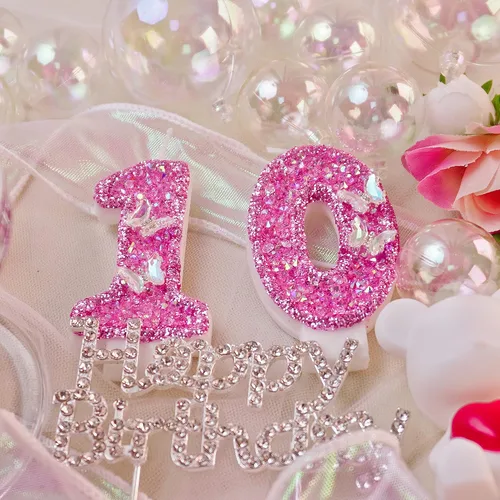 Vista 5 de Velas de cumpleaños, velas de números para pasteles de cumpleaños con mariposa, velas de cumpleaños rosas, velas de pastel de 3.2 pulgadas