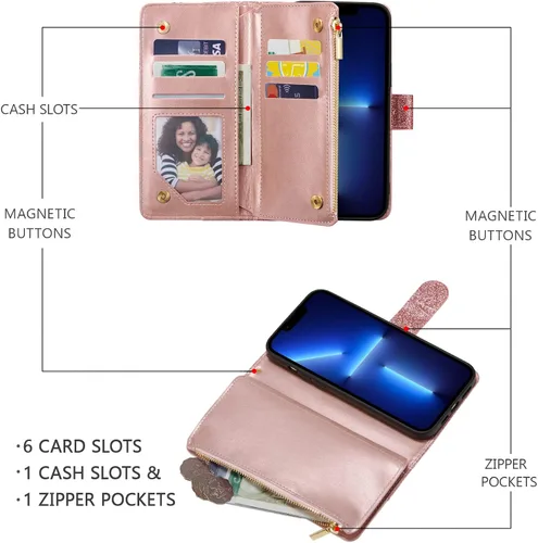 Vista 2 de UEEBAI Funda tipo cartera para iPhone 13 Pro Max, funda de piel sintética con cierre magnético, bolsillo con cremallera, ranuras para tarjetas