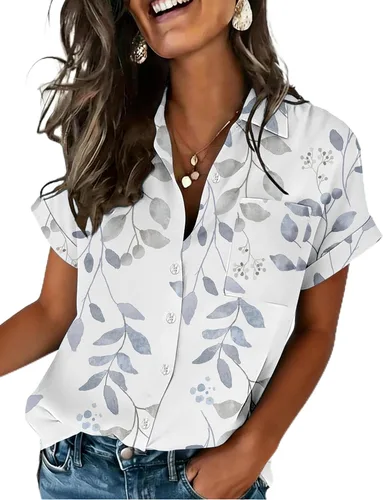 Vista 11 de Zeagoo Camisa de manga corta con botones para mujer, cuello en V, elegante, casual, para negocios, trabajo, con bolsillo, S-XXL