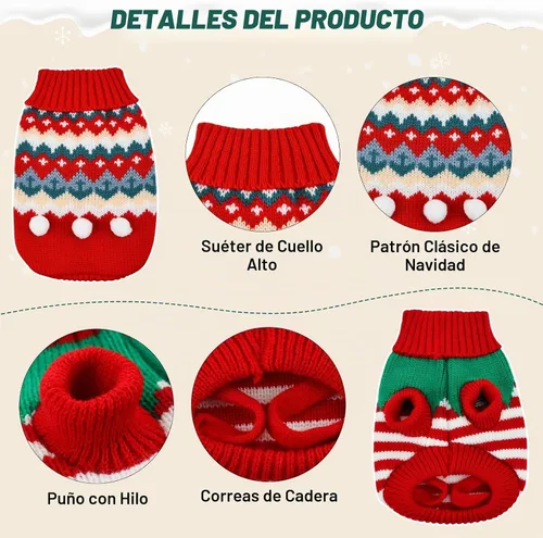 Vista 4 de 2 piezas de suéter de Navidad para cachorros, ropa de cuello alto de punto para gatos, disfraces de elfo de Navidad, ropa cálida para perros, suéter