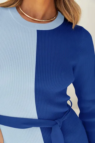 Vista 7 de ZESICA Vestido de punto acanalado para mujer, elegante vestido de manga larga con cuello redondo y lazo en la cintura, ajustado, vestido midi