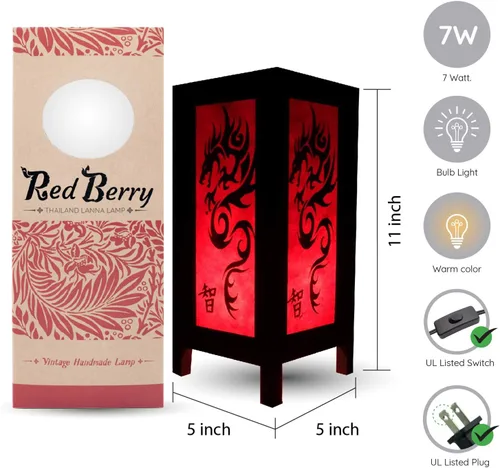 Vista 2 de RED BERRY THAILAND LANNA LAMP - Lámpara china vintage tailandesa hecha a mano, lámpara de mesa de madera oriental asiática negro dragón rojo lámpara