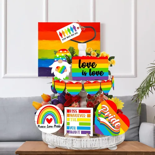 Vista 7 de FairySandy 12 piezas de decoración de bandeja escalonada del orgullo arco iris, decoración de mesa de gnomo, corazón, amor es amor, letrero