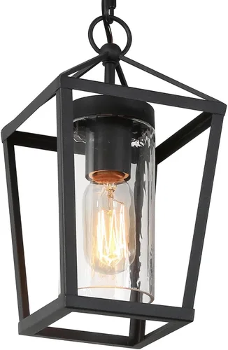 Vista 9 de classy leaves Lámpara colgante al aire libre para porche, luz colgante negra con vidrio transparente, moderna jaula de metal de granja, cadena