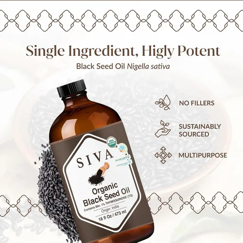 Vista 3 de Siva Black Seed Aceite orgánico de 16 oz (16.0 fl oz) Aceite portador orgánico prensado en frío prémium para cara, cuidado de la piel, masaje