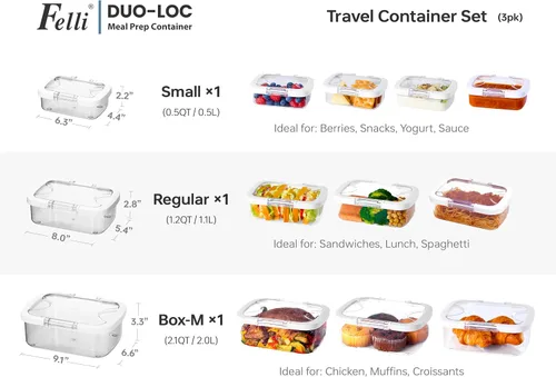 Vista 3 de Felli Duo Loc Tritan - Recipientes de preparación de comidas aptos para microondas sin bisfenol A, a prueba de fugas, contenedor para almuerzos