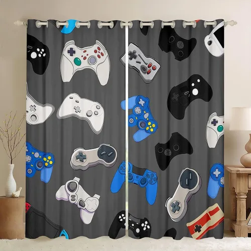 Vista 21 de Cortinas opacas negras de panal de abeja con luces de neón azul real, tratamientos de ventana con estampado geométrico hexagonal, decoración
