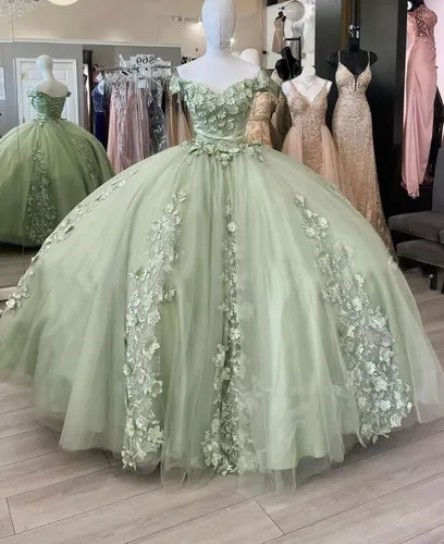 Vista 5 de Mouccy Preciosos vestidos de quinceañera con hombros descubiertos, vestido de bola hinchado con cuentas vestidos de fiesta de encaje dulce 15 16