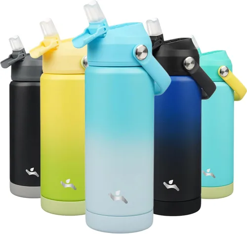 Vista 18 de Konokyo Botella de agua aislada con tapa de pajilla, botella de metal al vacío de acero inoxidable de 18 onzas con mango de silicona, color negro