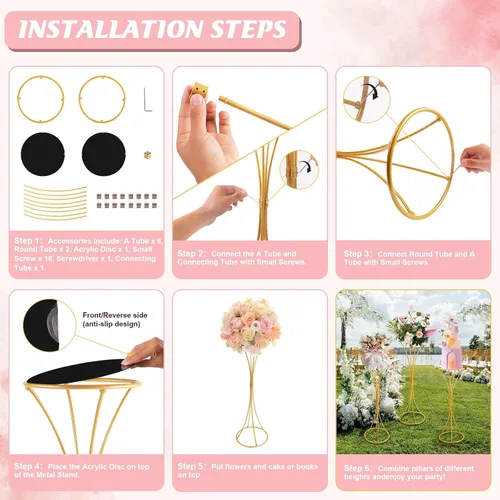 Vista 3 de chamvis Soporte para plantas de metal dorado, 3 soportes de pedestal cilíndrico alto para fiestas y bodas, mesas cilíndricas redondas doradas