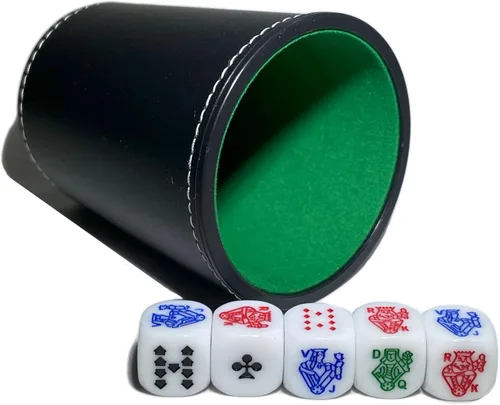 Vista 2 de Artist Unknown Cubilete de cuero de la taza de dados de póquer con naipes españoles premium y naipes de póquer Deck Casino Game Bundle