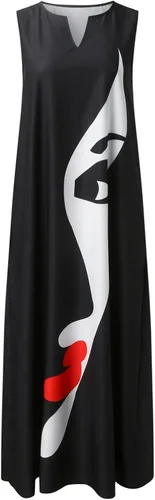 Vista 3 de Vestido largo de verano para mujer casual sin mangas con cuello en V holgado bohemio para playa con bolsillos A1