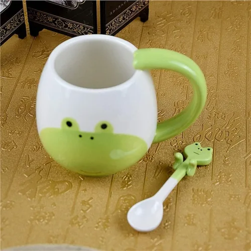 Vista 3 de Arawat Linda taza de café de rana con cuchara, diseño de ranas impresas, regalo de 14.2 fl oz, taza de café de cerámica kawaii, tazas divertidas