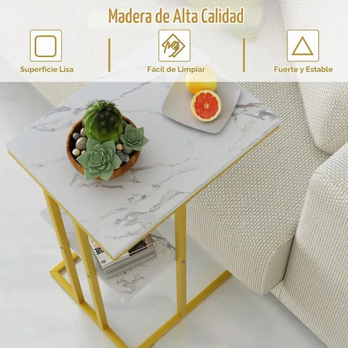 Vista 4 de Easy Paws - Mesa auxiliar en forma de C, mesa lateral pequeña para sofá y cama, mesa de aperitivos dorada para espacios pequeños, sala de estar