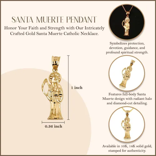 Vista 3 de Gold Sparkle-Cut Santa Muerte, Our Lady of Holy Death Necklace 10K or 14K Yellow, Rose, or White Gold Choice of Pendant Only or Chain Length