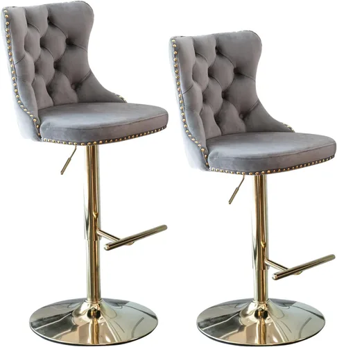 Vista 13 de Juego de 2 taburetes de bar de terciopelo beige, sillas de bar giratorias ajustables con respaldo