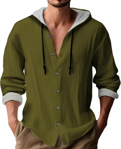 Vista 10 de Sudadera con capucha de manga larga para hombre, color liso, con botones, casual, ajuste holgado, para primavera, otoño, playa, con capucha