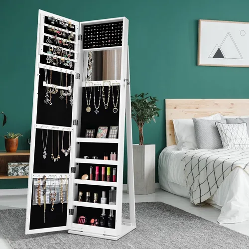 Vista 2 de LOKO Gabinete de joyería con cerradura, organizador de maquillaje de gran capacidad con espejo de cuerpo entero, espejo de maquillaje integrado, 5