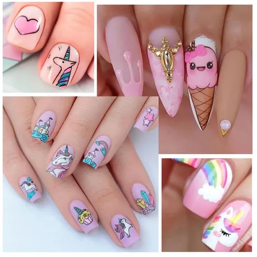Vista 7 de Calcomanías de uñas de unicornio, calcomanías de transferencia de agua, calcomanías de uñas de corazón, unicornio, arcoíris, dona, diseño de uñas