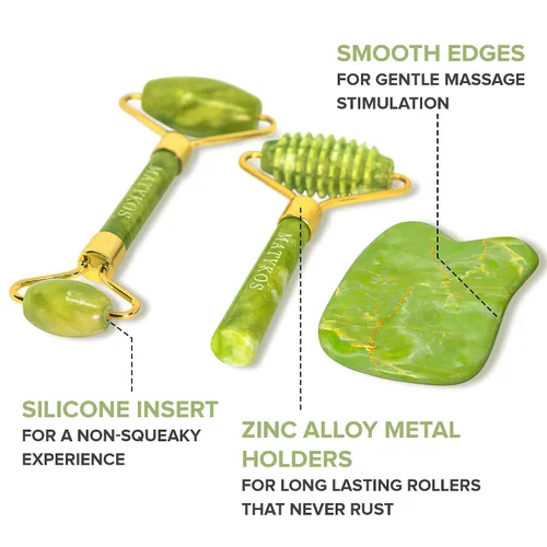 Vista 4 de Juego de rodillos de jade para cara y Gua Sha, 2 rodillos faciales antienvejecimiento y herramienta facial Gua-Sha, masajeador facial y corporal