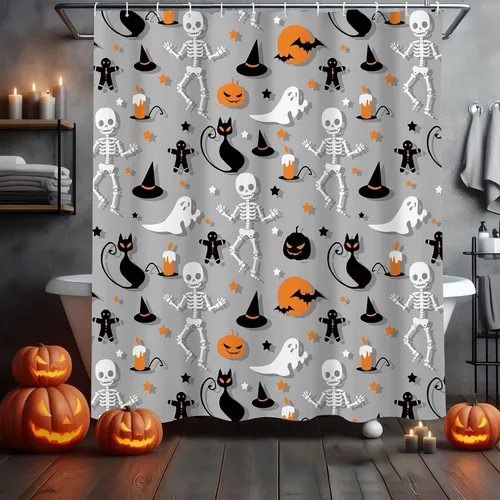 Vista 2 de MEHOFOND Cortina de ducha de calavera de esqueleto de Halloween, divertida cortina de ducha para baño, gato, calabaza, bruja, fantasma, bañeras