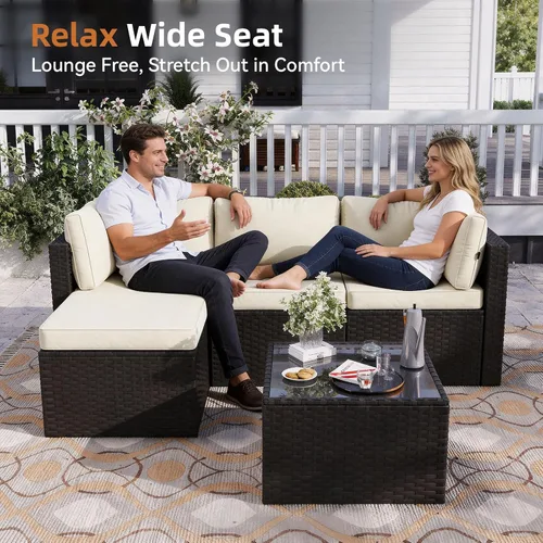 Vista 4 de Aoxun Juego de muebles de patio de 5 piezas, sofás seccionales para exteriores con cojín lavable, juegos de conversación de mimbre para patio Beige