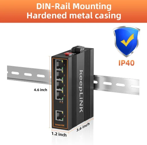 Vista 3 de Interruptor Gigabit industrial de 5 puertos no administrado, interruptor Ethernet Din-Rail, rango de temperatura de funcionamiento IP40 de -30 ° °F