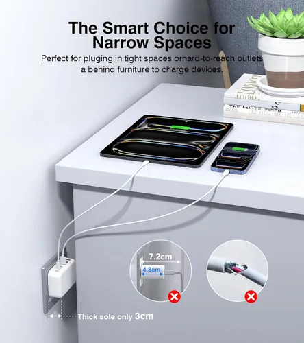 Vista 6 de Bloque de cargador rápido USB de 100W, concentrador de estación de carga rápida de 6 puertos GaN USB plano Multiple USB C Wall Charger Plug