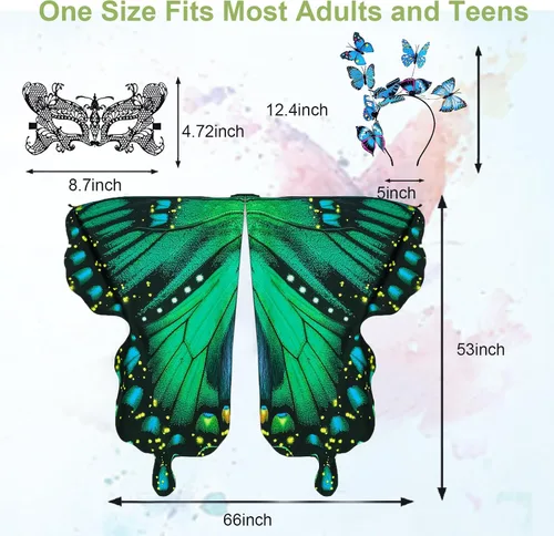 Vista 4 de Disfraz de alas de mariposa para mujer, alas de hada, disfraces de Halloween, capa de mariposa con máscara y diadema Azul-2