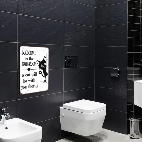 Vista 5 de Divertida decoración de baño – Welcome to the Bathroom A Cat Will Be With You Shortly – Cartel de metal de gato negro para baño, inodoro o tocador