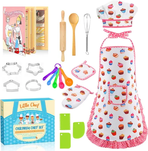 Vista 10 de Toyze Regalos para niñas de 3 a 8 años, juego de cocina para niños con delantal, sombrero de chef, libro de cocina, 20 unidades, color rosa