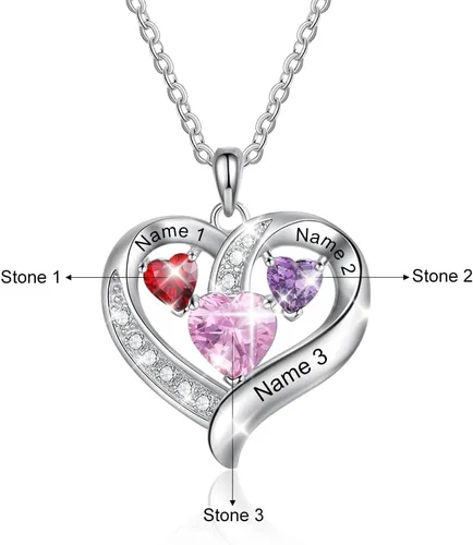 Vista 4 de Lam Hub Fong Collar personalizado para madres con 3 piedras natales personalizadas, collar con nombre en forma de corazón para mamá, hija o abuela