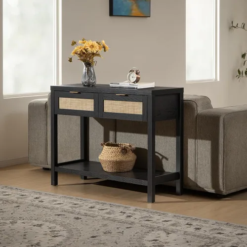 Vista 8 de SICOTAS Mesa consola negra con cajones de ratán - Mesa de entrada de ratán boho con almacenamiento, mesas consola pequeñas para entrada, mesa