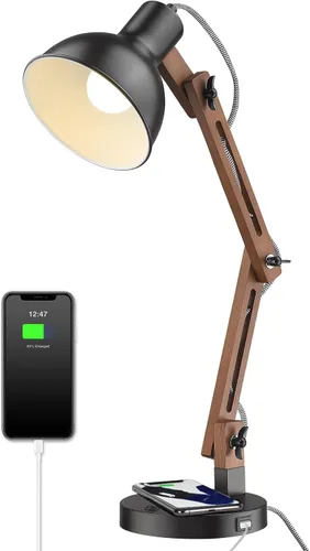 Vista 12 de Lámpara de escritorio ELYONA de madera Sapele con cargador inalámbrico mejorado, lámpara de mesa de brazo oscilante con puerto de carga USB C, luz