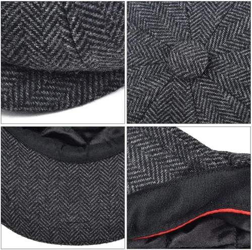 Vista 7 de BOTVELA Gorra plana Newsboy de mezcla de lana de 8 paneles para hombre Negro