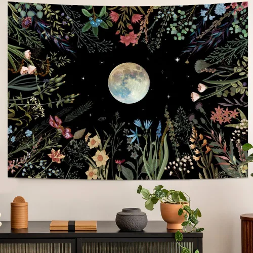 Vista 5 de Amhokhui Tapiz de jardín iluminado por la luna, tapiz bohemio de luna, tapiz floral de flores, tapices de plantas coloridas, tapices negros