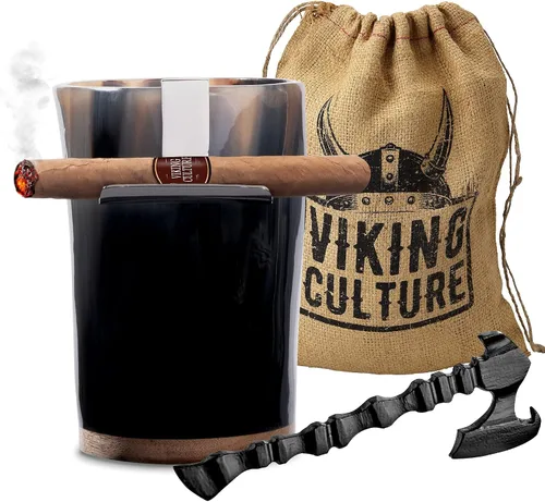 Vista 2 de Viking Culture Horn Mead Cup - Vaso de bebida de inspiración nórdica Copa hecha a mano para vino Beer Ale – Regalo seguro y único con abrebotellas