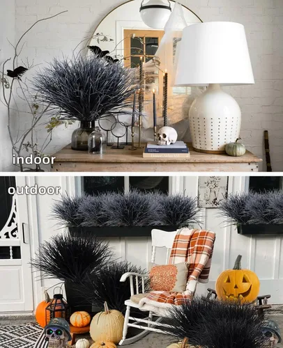 Vista 7 de Flores Artificiales de Plantas en Blanco y Negro para Halloween, Hierba de Cebolla Artificial Resistente a los Rayos UV, Arbustos de Plantas