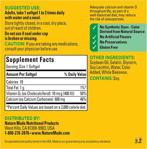 Vista 5 de Nature Made Calcio 600 mg con vitamina D3, Suplemento dietético para apoyo óseo, 100 cápsulas blandas Suplemento de calcio para la salud ósea
