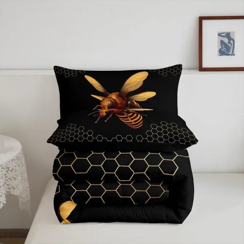 Vista 7 de Erosebridal Honey Bee - Juego de edredón tamaño individual, color negro y dorado, juego de edredón de animales lindos con diseño geométrico de panal