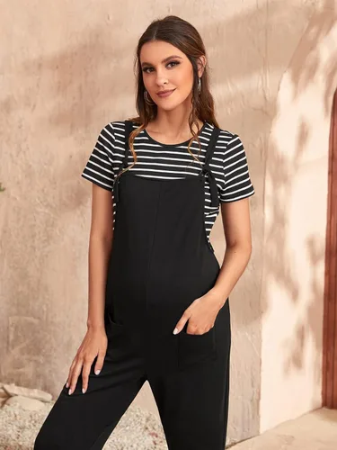Vista 5 de OYOANGLE Conjunto de maternidad de 2 piezas para mujer, camiseta con cuello redondo y estampado a rayas