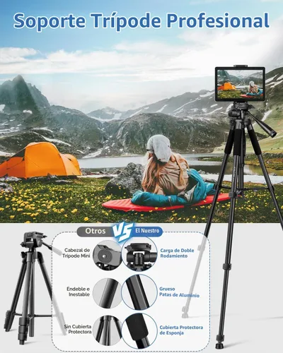 Vista 2 de JOILCAN - Trípode para teléfono y iPad de 67 pulgadas, trípode profesional para cámara Negro