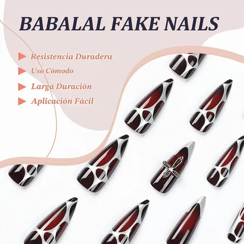 Vista 6 de BABALAL - Uñas postizas largas a presión, uñas postizas negras y rojas, uñas acrílicas de almendra con diseño gótico de vampiro, uñas adhesivas