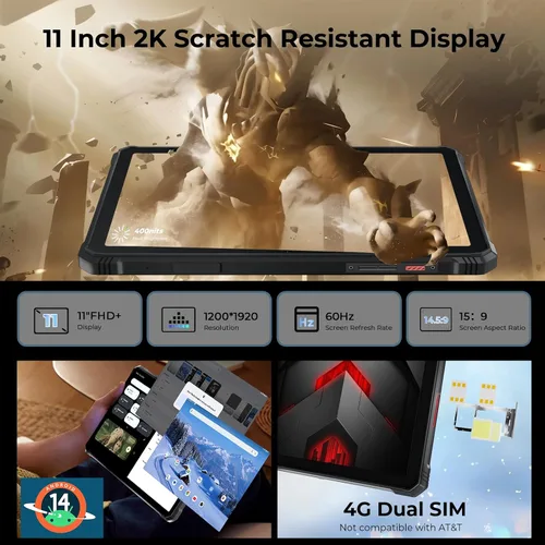Vista 3 de HOTWAV R9 Plus Tablet resistente de 11 pulgadas IP68/IP69K impermeable, batería de 20080mAh, Android 14, Unisoc T7280 Octa-Core, 8GB+512GB, cámara