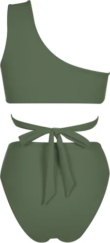 Vista 4 de OMKAGI Conjunto de bikini de cintura alta con corte de un hombro para mujer, traje de baño de 2 piezas
