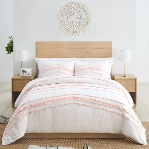Vista 3 de Juego de ropa de cama de 2 piezas con borlas copetudas de macramé blanco y rosa bohemio, bohemio, elegante, tamaño individual/individual XL, funda