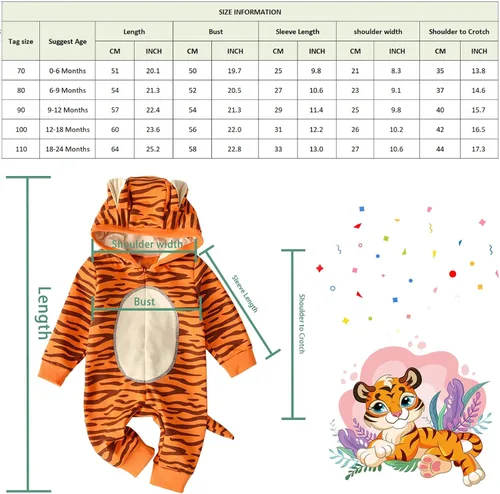 Vista 7 de AGQT Babys Tiger Costume Halloween One Piece Hooded Romper Size 0-24 Months