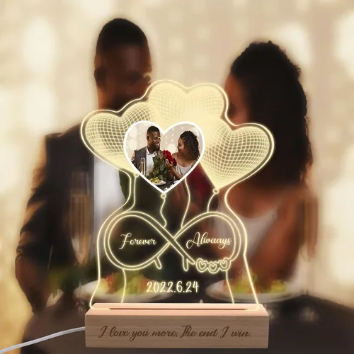 Vista 4 de Luz nocturna personalizada con ilusión 3D con base de madera, lámpara de corazón personalizada con texto de imagen, luz nocturna LED acrílica