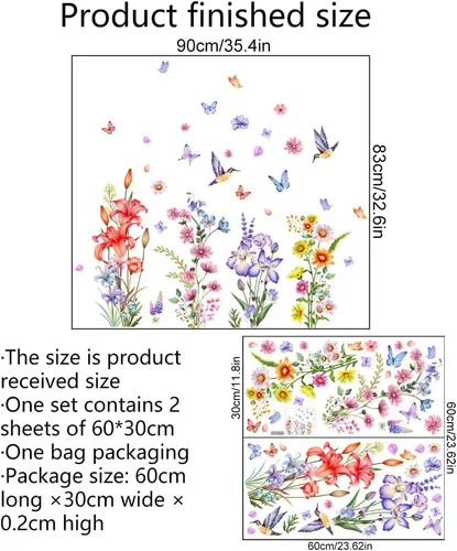 Vista 4 de Calcomanías de pared de plantas botánicas de rosas, 2 hojas de flores, mariposas, calcomanías de pared de PVC extraíbles para niñas, dormitorio Tipo
